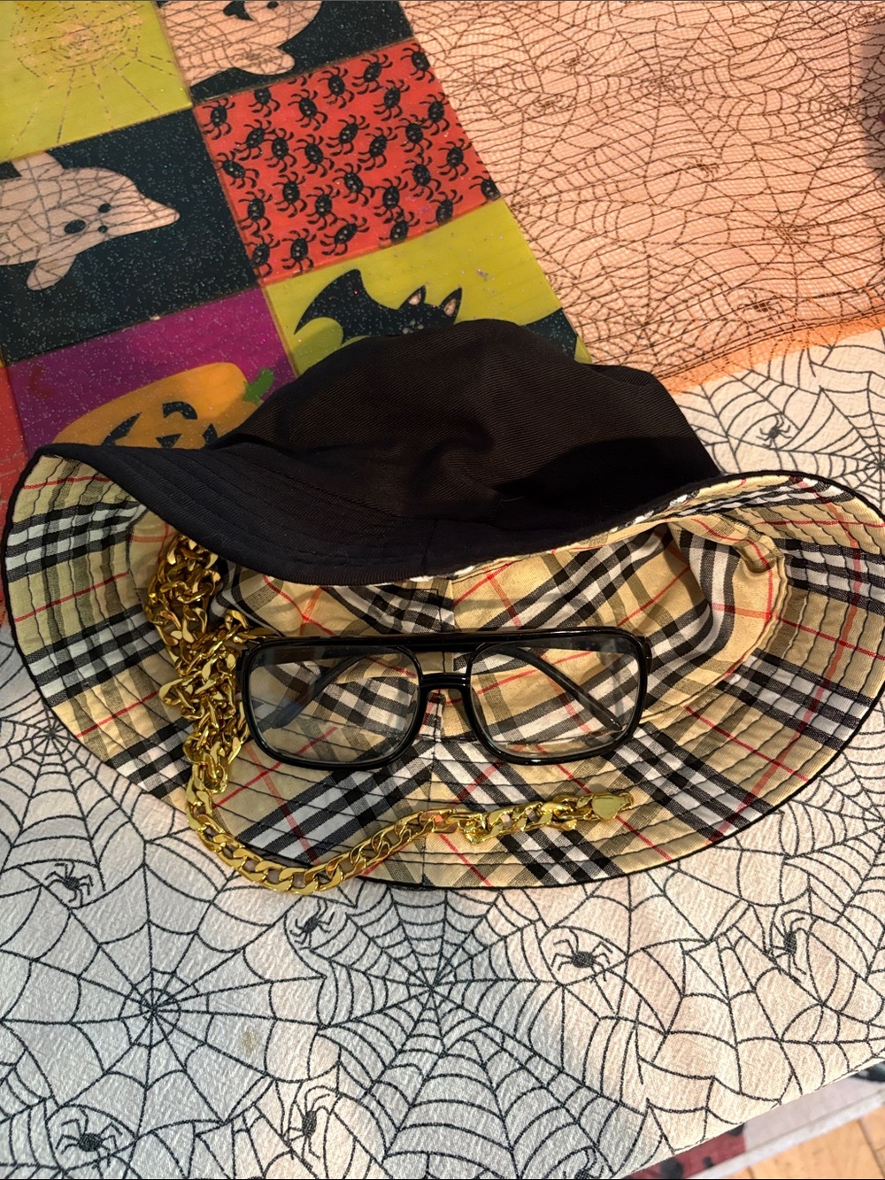 Hip hop costume Plaid Bucket Hat with Black Top, Gold Chain and glasses